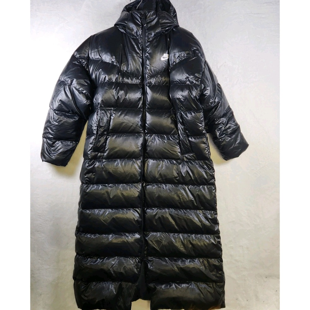 Nike Therma-Fit Long Puffer Coat Womens L Black Full Length Hooded Down Jacket